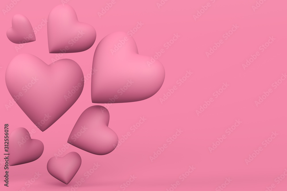 3d rendering of Valentine's Day, concept. Different sized pink hearts flying on pink background Mother's Day or Women's Day postcard, greeting card with copy space.