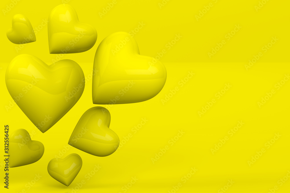 3d rendering of Valentine's Day, concept. Different sized yellow hearts flying on yellow background Mother's Day or Women's Day postcard, greeting card with copy space. 3d rendering of Valentine's Day, concept. Different sized yellow hearts flying on yellow background Mother's Day or Women's Day postcard, greeting card with copy space.