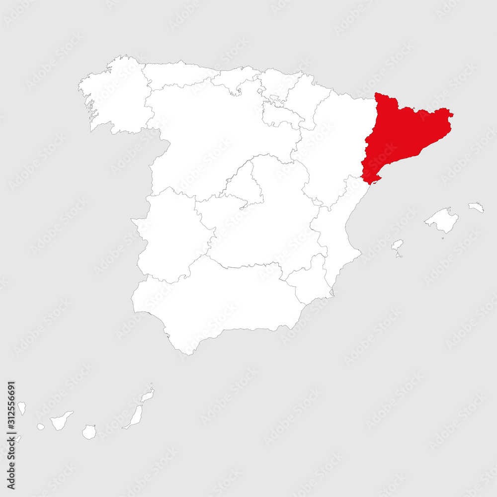Catalonia region marked red on spain map. Gray background.