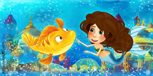 Cartoon ocean and the mermaid princess in underwater kingdom swimming and having fun with fishes - illustration for children
