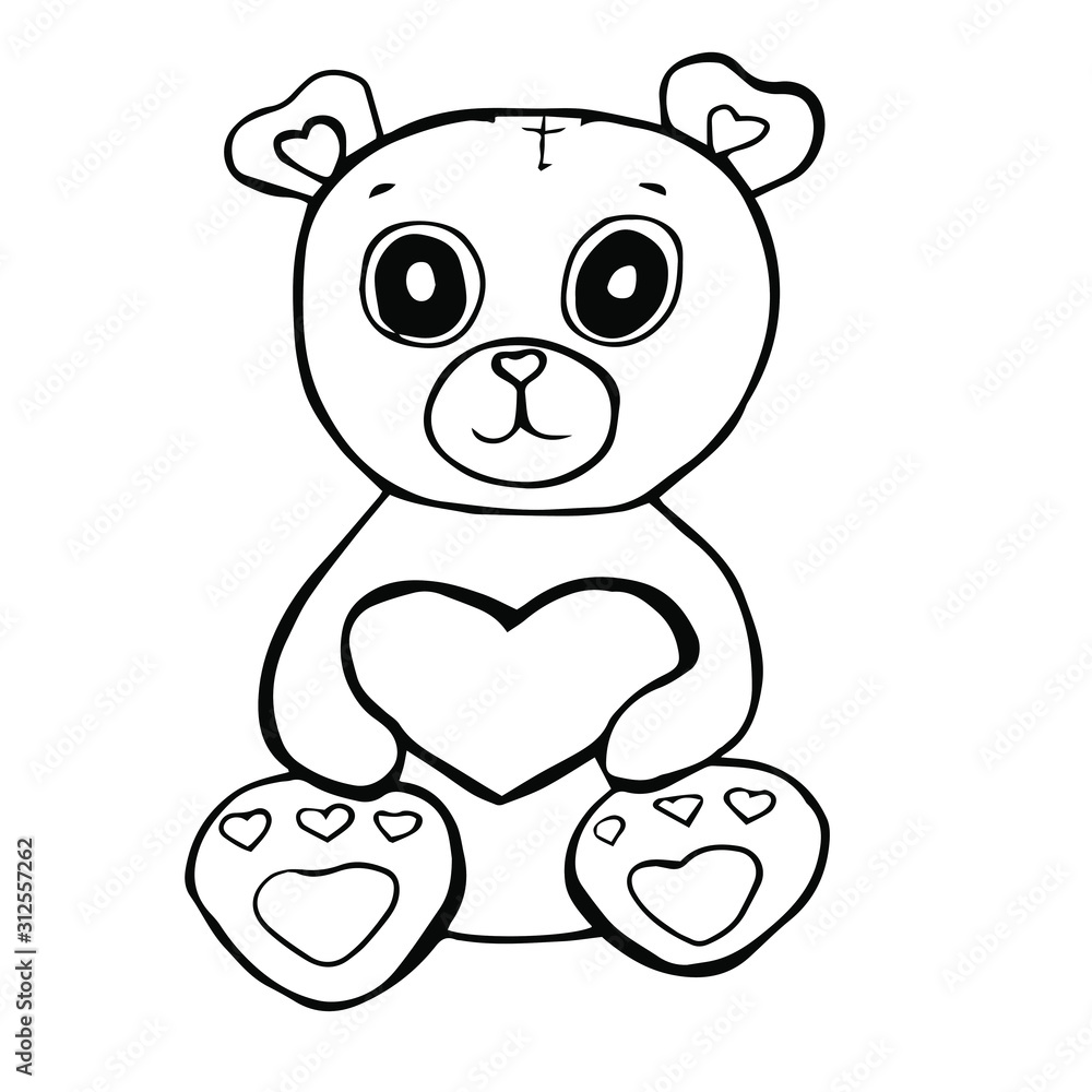 Naklejka premium Kawaii little cute bear toy with heart in paws. Hand drawn vector stock illustration of teddy bear animal. Isolated on white background. Valentines day. Romantic concept. Kids. Outline art. Doodle.