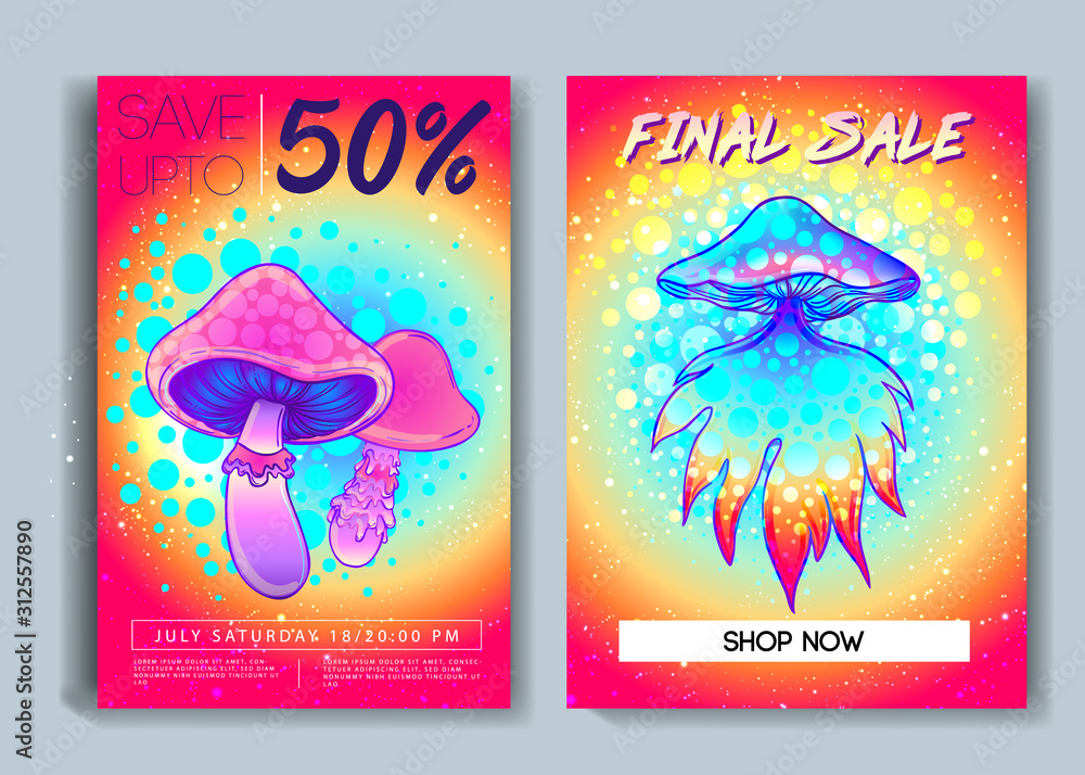 Retro futurism. Vintage 80s or 90s style background with magic mushrooms. Good design for textile t-shirt print design, flyer and poster. Futuristic vector illustration.