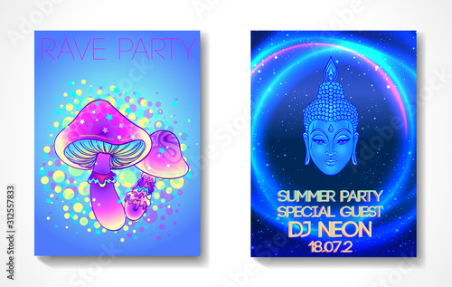 Retro futurism. Vintage 80s or 90s style background with magic mushrooms. Good design for textile t-shirt print design, flyer and poster. Futuristic vector illustration.