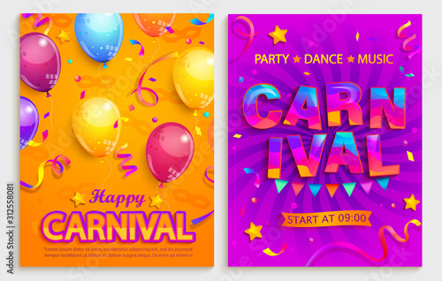 Set of flyers for carnival party.Confetti,balloons,flags for holiday.Mardi gras festive,carnaval.Party,dance,music on fesival,masquerade,parade.Template for design invitation banners.Vector