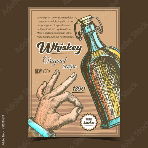 Whiskey Original Recipe Advertising Poster Vector. Blank Whiskey Bottle With Flip Cap And Man Hand Gesture Ok. Retro Bottle Of Aged Alcoholic Beverage. Glass Container Colorful Template Illustration