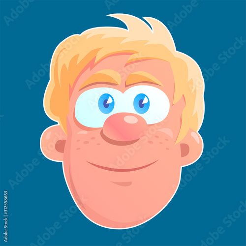 Funny head of a blond guy with a smile on his face. Cartoon vector illustration on a blue background.