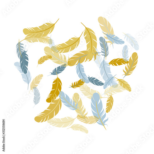 Fluffy twirled feathers on white design.