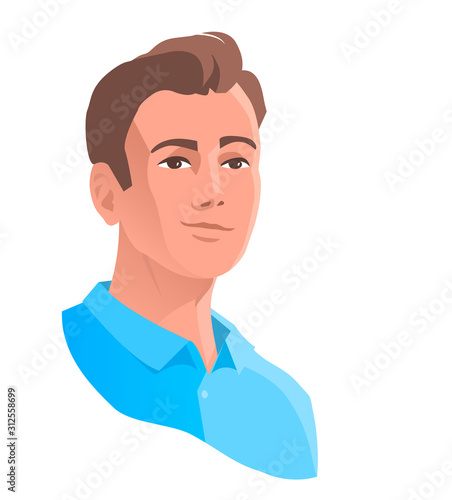 Handsome young man with a pensive smile. Thinks about a proposal or makes a decision. Vector isolated illustration.