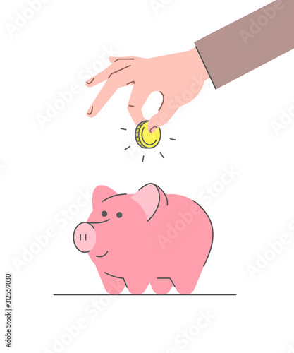 Donation concept. Flat linear vector illustration. Male hand puts golden coin in cute pink piggy bank. Savings for future. Retirement planning. Minimalistic thin line style