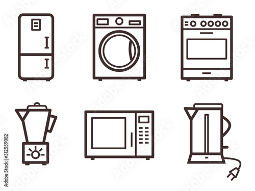 Refrigerator, kettle, coffee grinder, washing machine, microwave and gas stove.