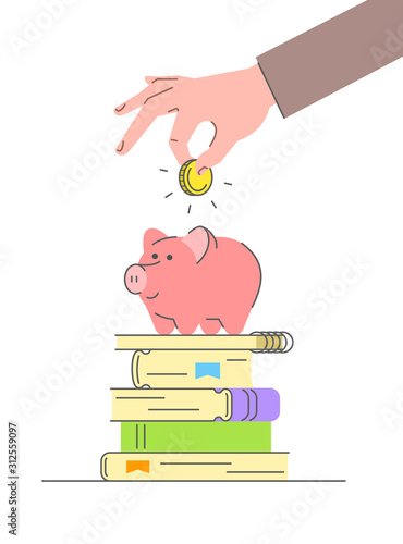 Education loan concept. Flat linear conceptual vector illustration of savings for college or university. Male hand puts golden coin in cute pink piggy bank standing on stack of books. Flat line style