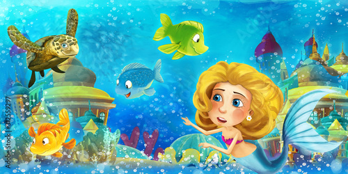 Cartoon ocean and the mermaid princess in underwater kingdom swimming and having fun with fishes - illustration for children