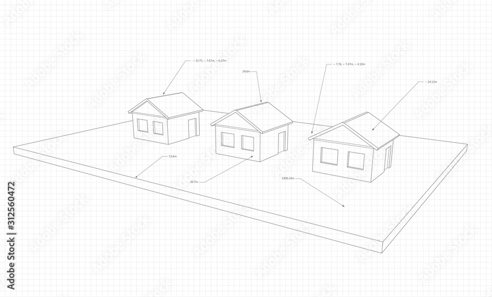 Drawing of three houses on a plane with pointers, on a notebook sheet Drawing of three houses on a plane with pointers, on a notebook sheet