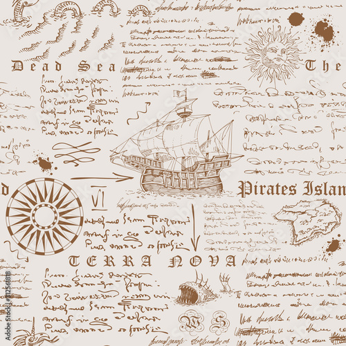 Vector image of a seamless texture in the style of a medieval nautical record of the captain's diary engraving sketch