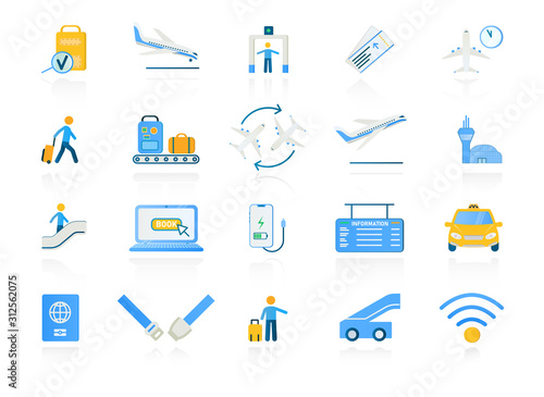 Set of assorted colored airport and travel icons with tourists or travellers, baggage machinery, online booking, seat belt, airplane, transport, and control tower, vector illustration