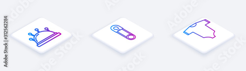 Set Isometric line Needle bed and needles, Classic closed steel safety pin and Baby clothes. White square button. Vector
