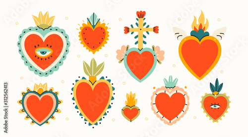 Various Sacred hearts. Set of Traditional Mexican hearts. Hand drawn colored trendy vector illustration. All elements are isolated