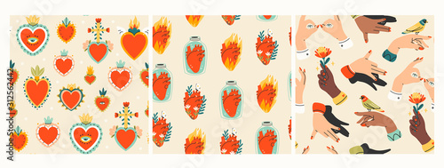 Mexican Sacred hearts, anatomical hearts in jars, hearts on fire, various human arms or hands. Set of three Hand drawn colored trendy vector seamless patterns. Wallpapers, background textures