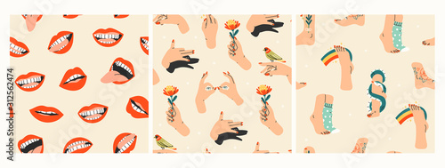 Human body parts. Hand with flower, Shadow puppet barking dog, red lips mouth, smile, legs in wool socks, snake. Set of three Hand drawn colored trendy vector seamless patterns. Wallpapers