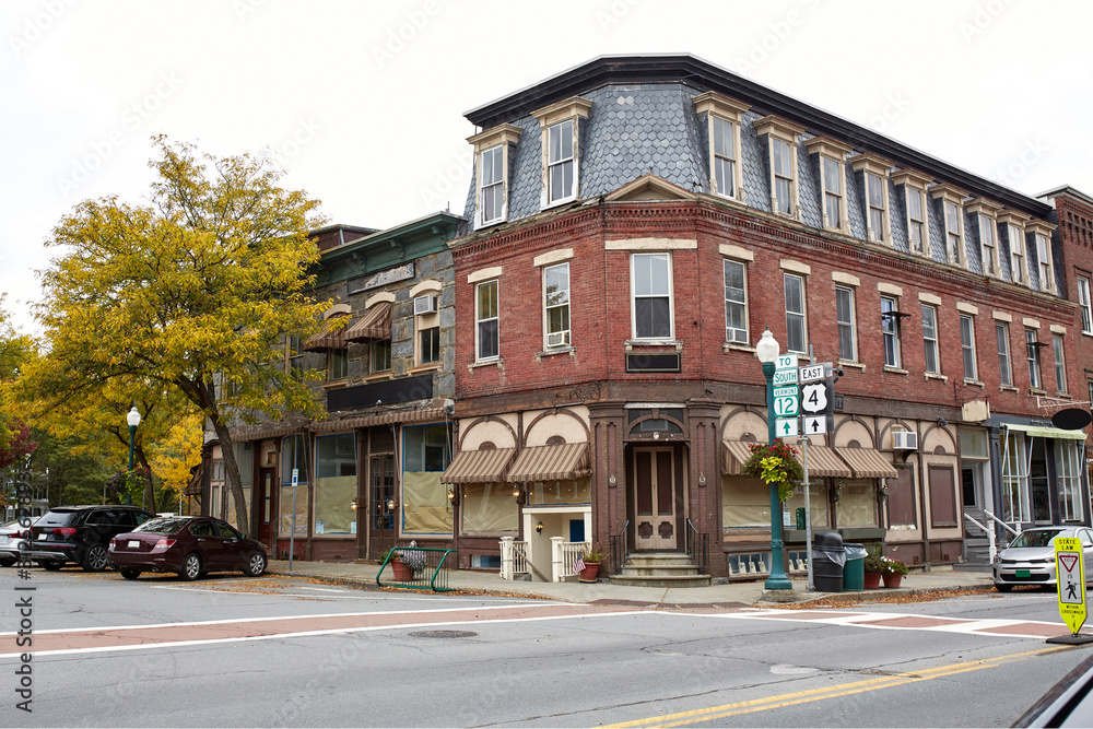 Small shops and restaurants on a cool Fall day in the historic New England town of Woodstock, Vermont
