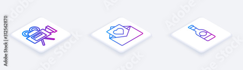 Set Isometric line Cinema camera, Envelope with Valentine heart and Champagne bottle. White square button. Vector