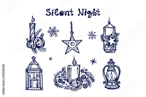 Hand drawn winter set with candles, lanterns and handwritten text
