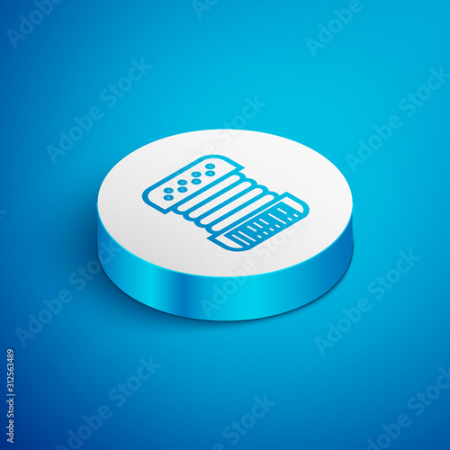 Isometric line Musical instrument accordion icon isolated on blue background. Classical bayan, harmonic. White circle button. Vector Illustration