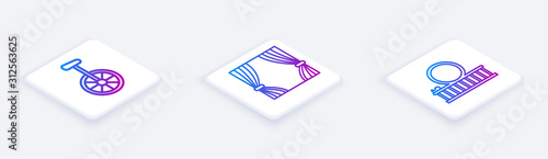 Set Isometric line Unicycle or one wheel bicycle, Curtain and Roller coaster. White square button. Vector