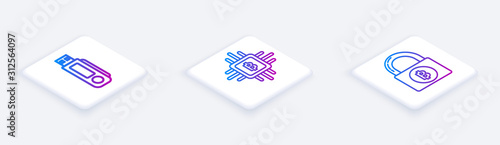 Set Isometric line USB flash drive, CPU mining farm and Lock with bitcoin. White square button. Vector