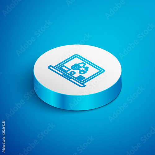 Isometric line Laptop application for control a autonomous tractor on a smart farm icon isolated on blue background. Smart agriculture implement. White circle button. Vector Illustration
