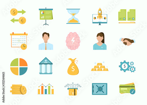 Large set of flat colored cartoon business and finance icons with graphs and charts, people, dollars, money and banking concepts isolated on white