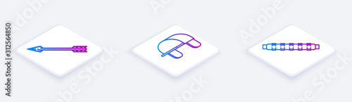 Set Isometric line Hipster arrow, Hunter hat and Hunting cartridge belt with cartridges. White square button. Vector