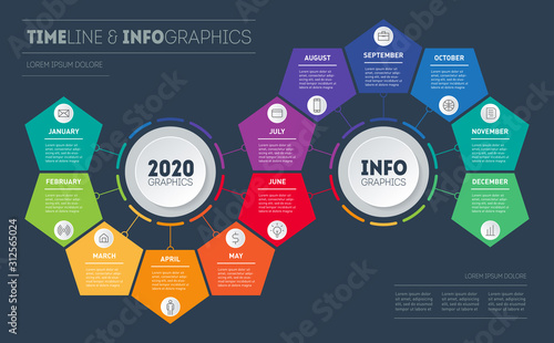 Transformation plan for the year. Timeline, Business Infographic concept with 12 months, steps or technology processes. Template for presentation. Time line with Twelve parts and icons. Vector.