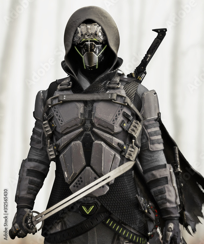 Fotografie, Obraz Armored Futuristic hooded sci fi samurai . 3d rendering