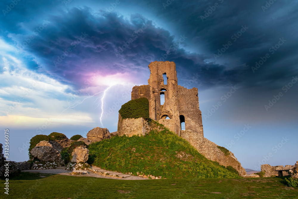 Spooky Castle with Lightning in Background 