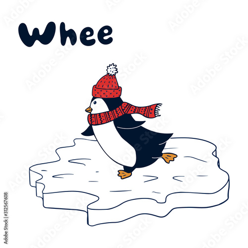 Color vector illustration in doodle style. Penguin in a hat roll