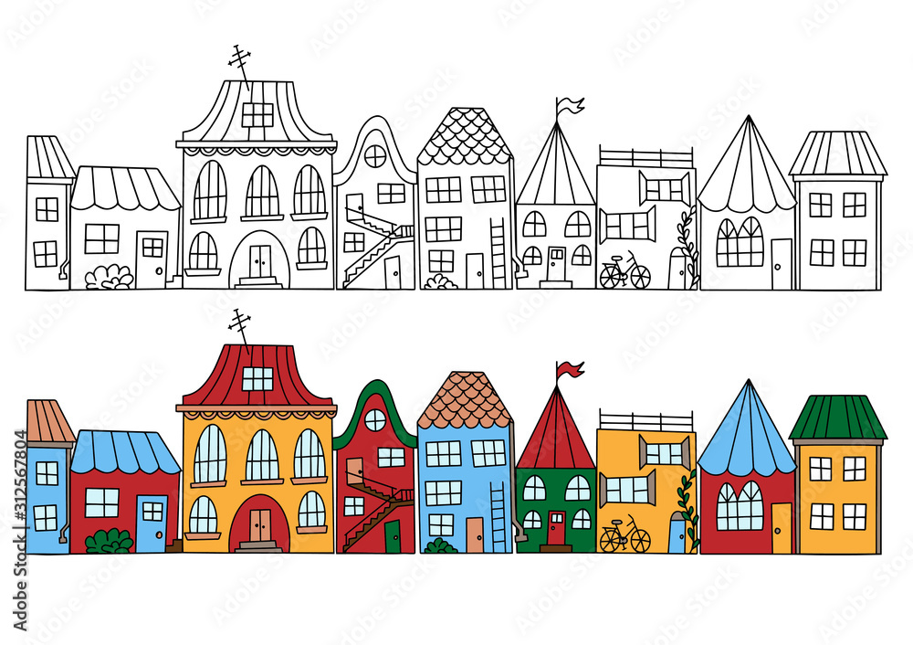 Vector illustration. Set of houses in doodle style. Street with simple cute little houses. Illustration for children.