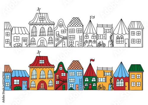 Vector illustration. Set of houses in doodle style. Street with simple cute little houses. Illustration for children.