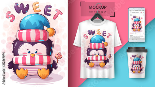 Penguin with candy poster and merchandising