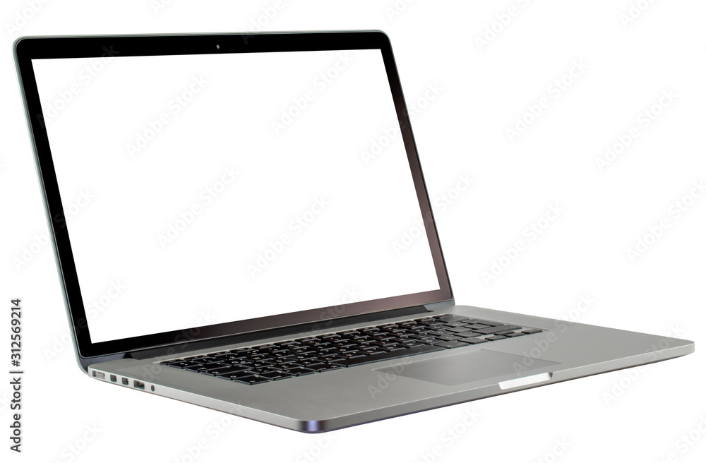 Modern laptop notebook. Empty white screen as copy space. Isolated on white background. Metallic silver body and glassy black screen frame. Modern laptop notebook. Empty white screen as copy space. Isolated on white background. Metallic silver body and glassy black screen frame.