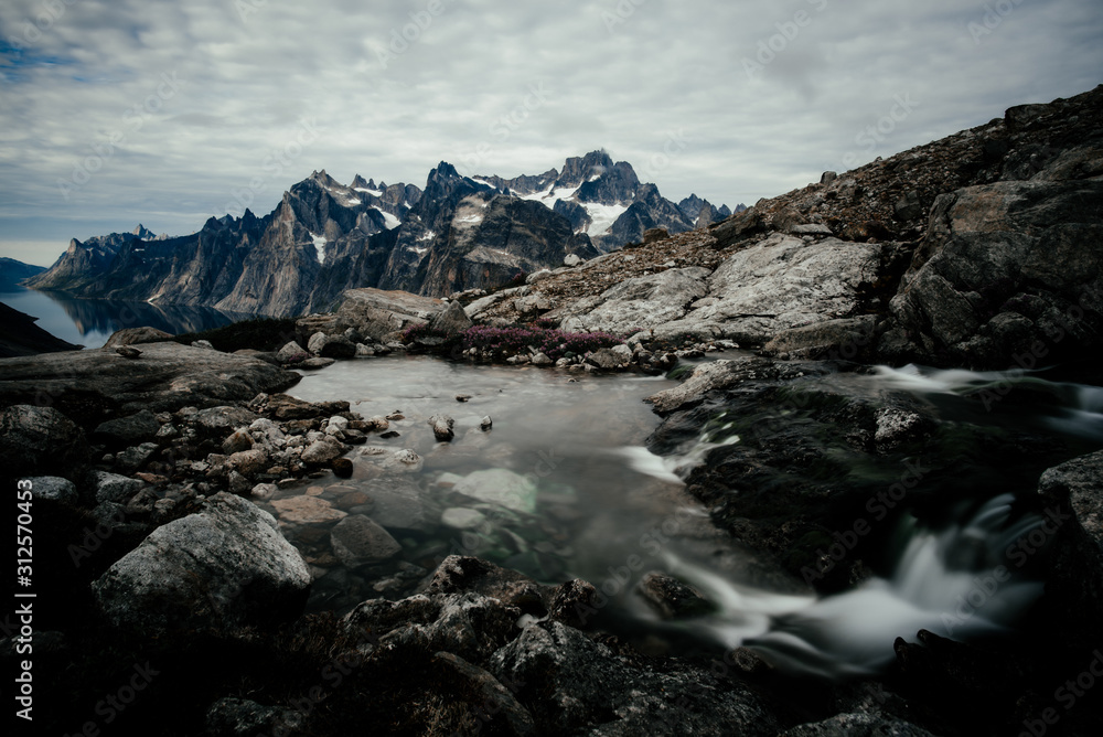 Flowing stream among gray cold rocks Flowing stream among gray cold rocks