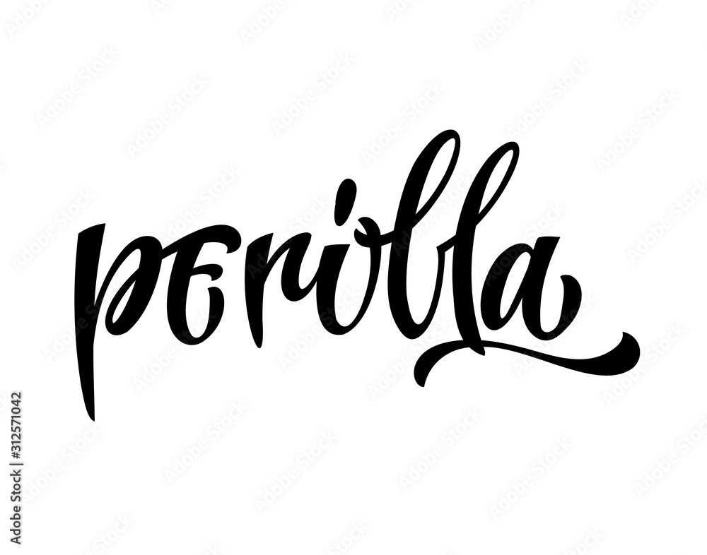 Hand drawn spice label - Perilla. Vector lettering design element. Isolated calligraphy script style word for labels, shop design, cafe decore etc
