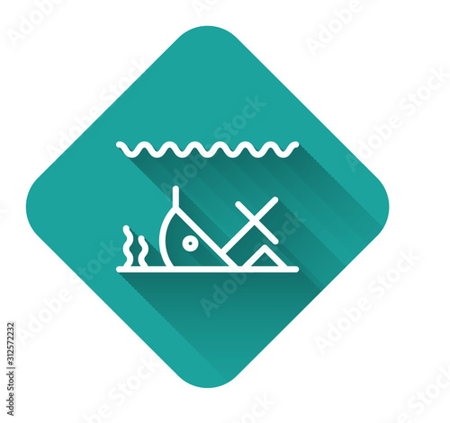 White line Sunken ship at the bottom of the sea icon isolated with long shadow. Green square button. Vector Illustration