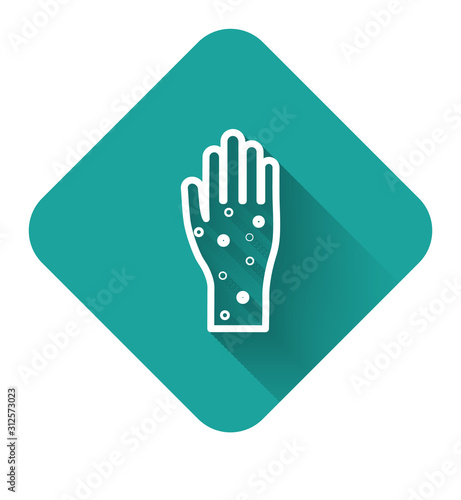 White line Hand with psoriasis or eczema icon isolated with long shadow. Concept of human skin response to allergen or chronic body problem. Green square button. Vector Illustration