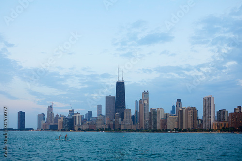 Chicago Skyline at blue hour  seen from the North beach  Chicago  Illinois  United States