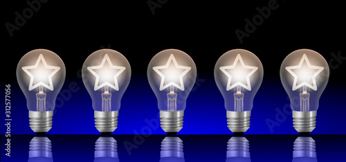 five lightbulbs with lit stars. ranking or rating image concept