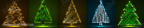 Set of abstract technology glowing Christmas tree made from circuit board