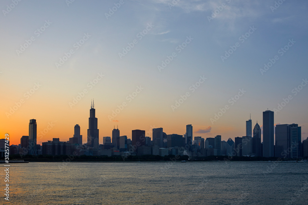 Chicago Skyline at sunset, Chicago, Illinois, United States