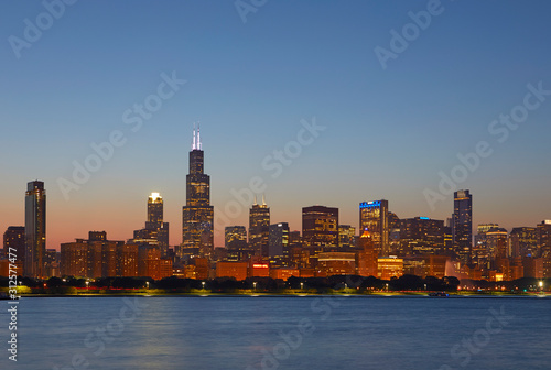 Chicago Skyline at blue hour  Chicago  Illinois  United States
