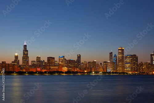 Chicago Skyline at blue hour  Chicago  Illinois  United States